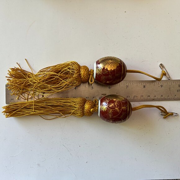 Large Porcelain Maroon/Gold Bead Tiebacks  (Pair) - Picture 1 of 4